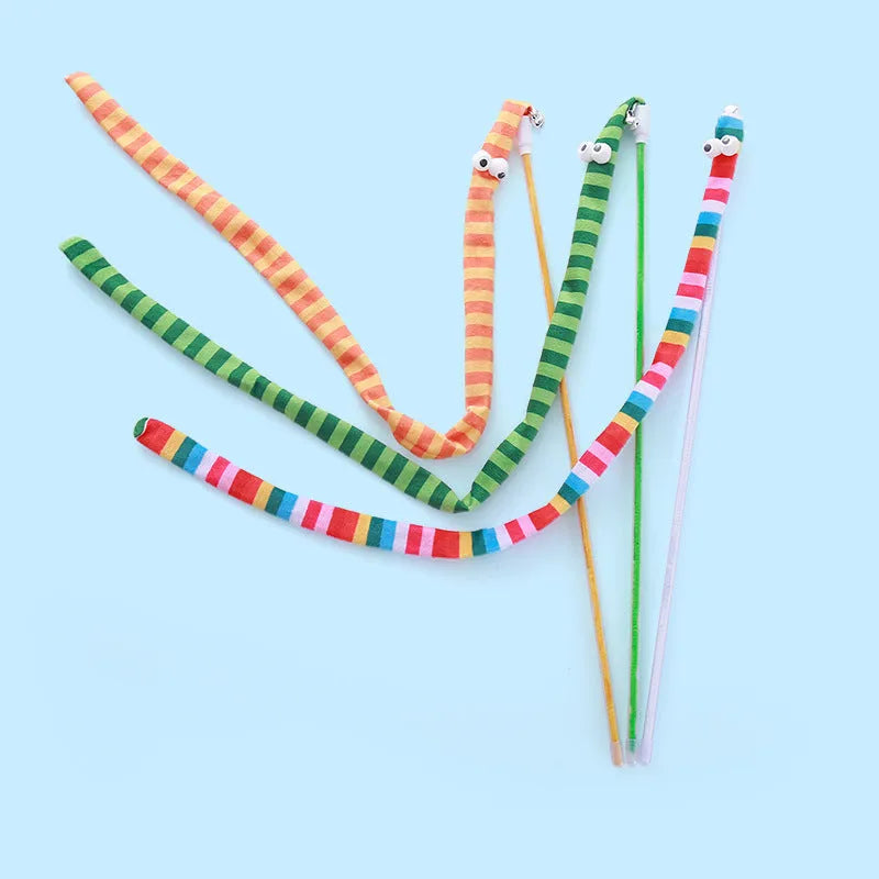 Interactive cat wand toy with a polycarbonate handle and a long green plush strip with a bell.