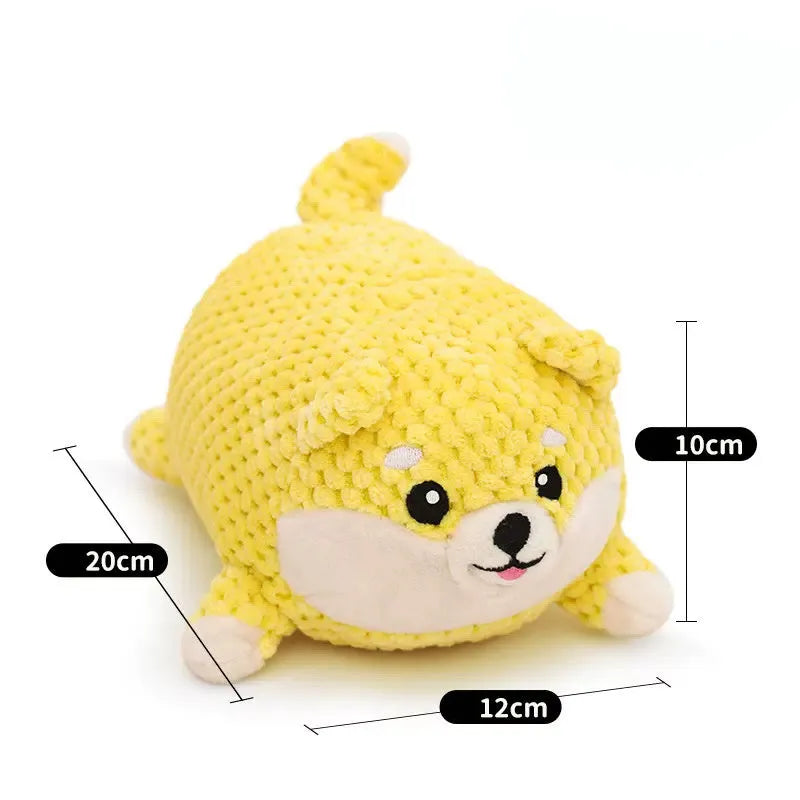 Bite-resistant plush dog toy in pillow shape with squeaker for calming and teething support