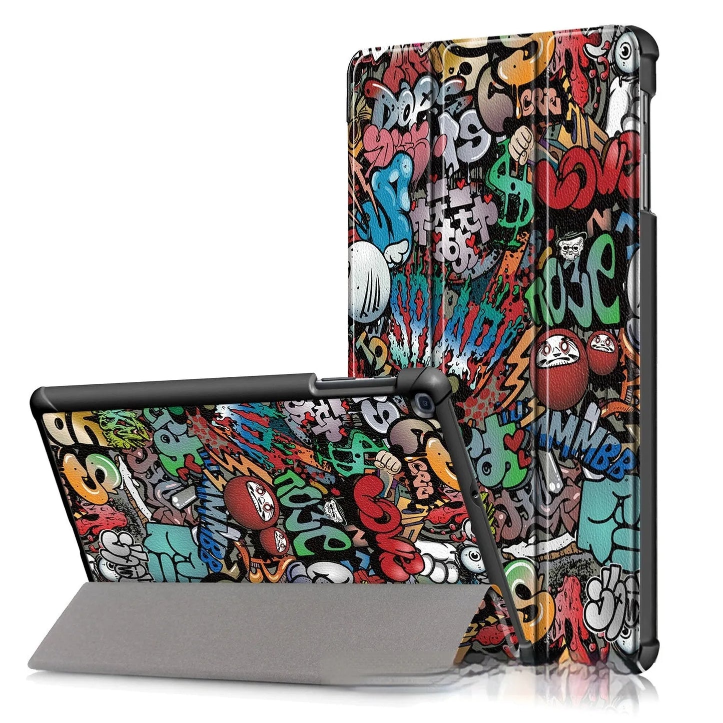 Plastic tri-fold flip cover case for a Samsung tablet showing decorative design options.