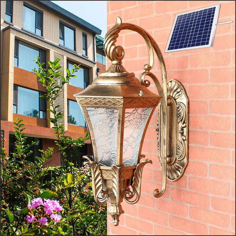 Black European-style solar outdoor wall lamp with remote control on a brick wall.