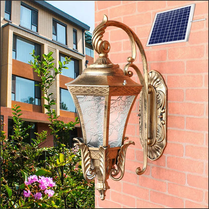 Black European-style solar outdoor wall lamp with remote control on a brick wall.