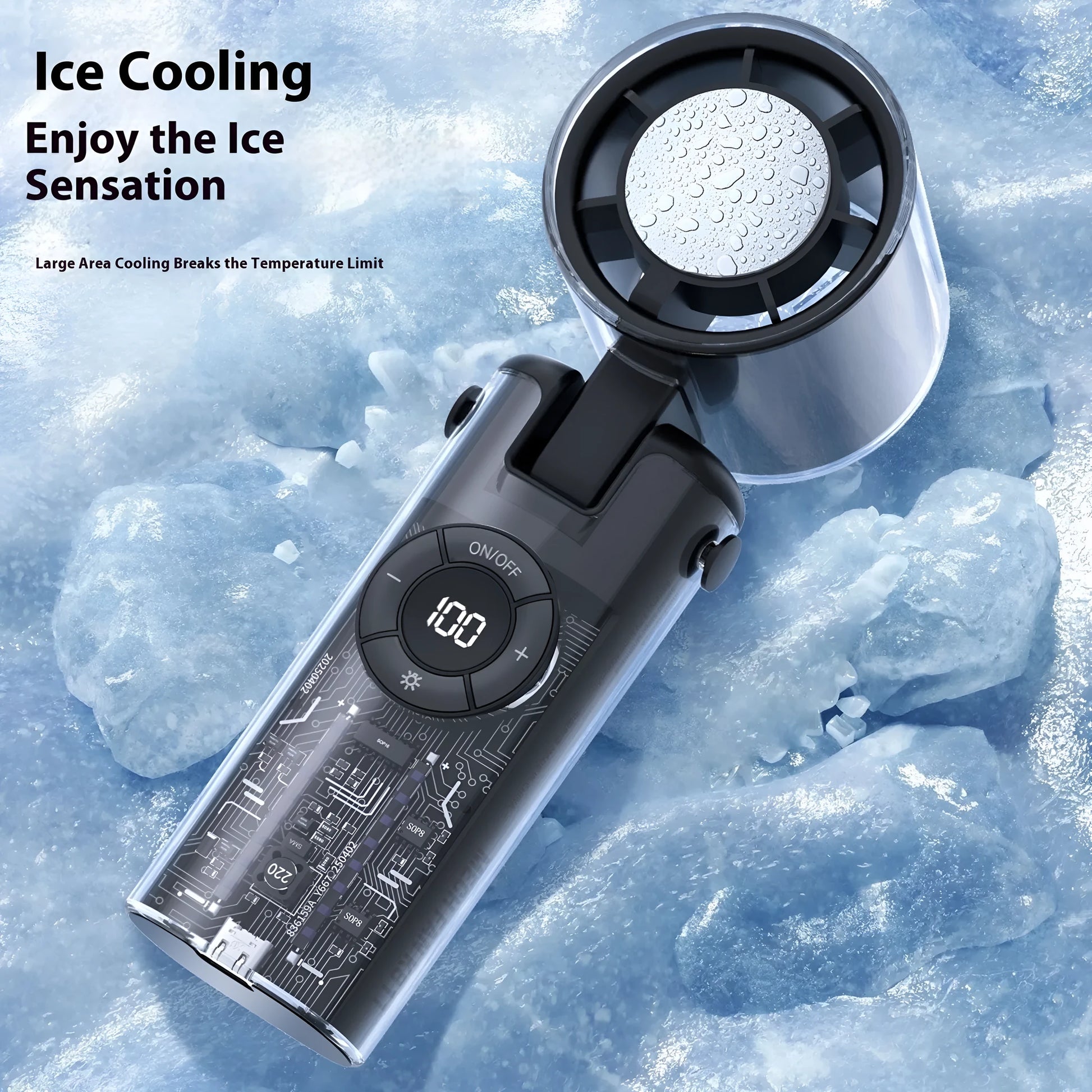 Personality Ice Compress Small Handheld Fan in black, pink, purple or white with ice pack slot and flashlight