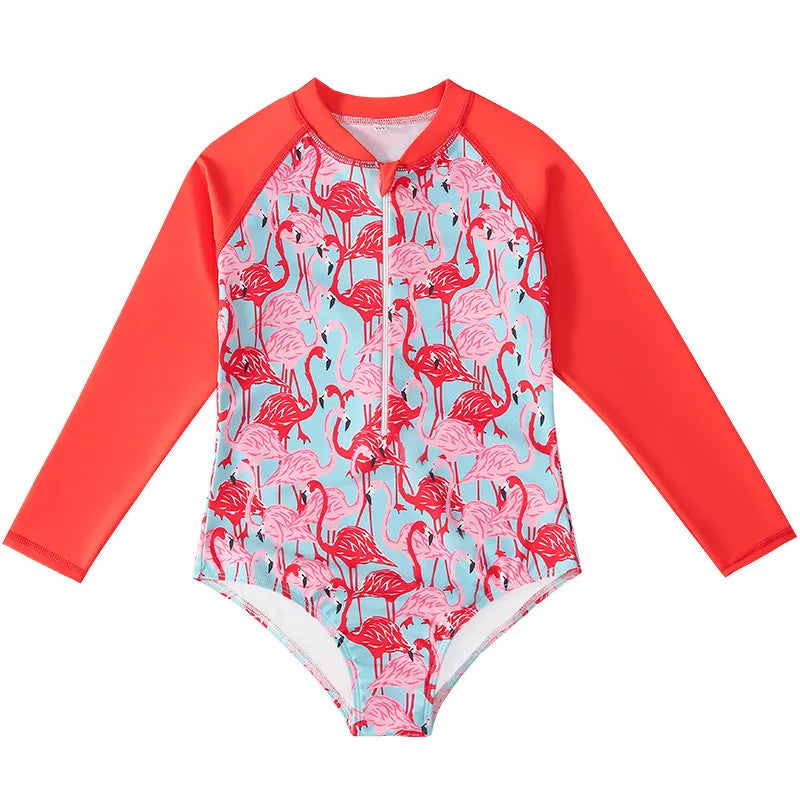 Girl's long-sleeve one-piece swimsuit in briefs style for swimming and wading