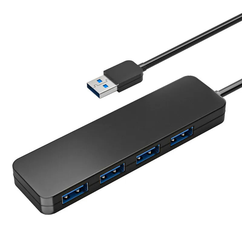 Black USB 3.0 hub with four ports, 30cm cable, and LED connection indicators