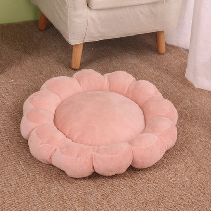 Blue, grey, pink, and yellow 50cm square plush pet bed with half-surrounded petal design.