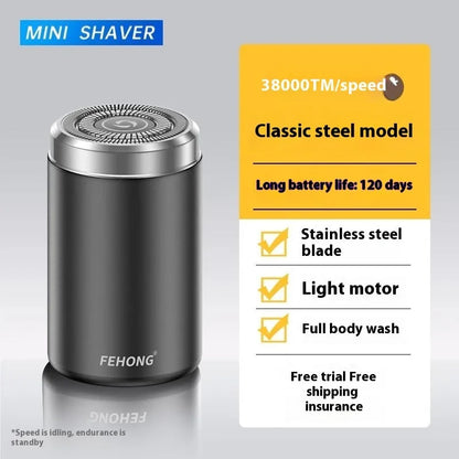 Mini gold and black men's electric shaver with washable design and low-noise brushless motor.