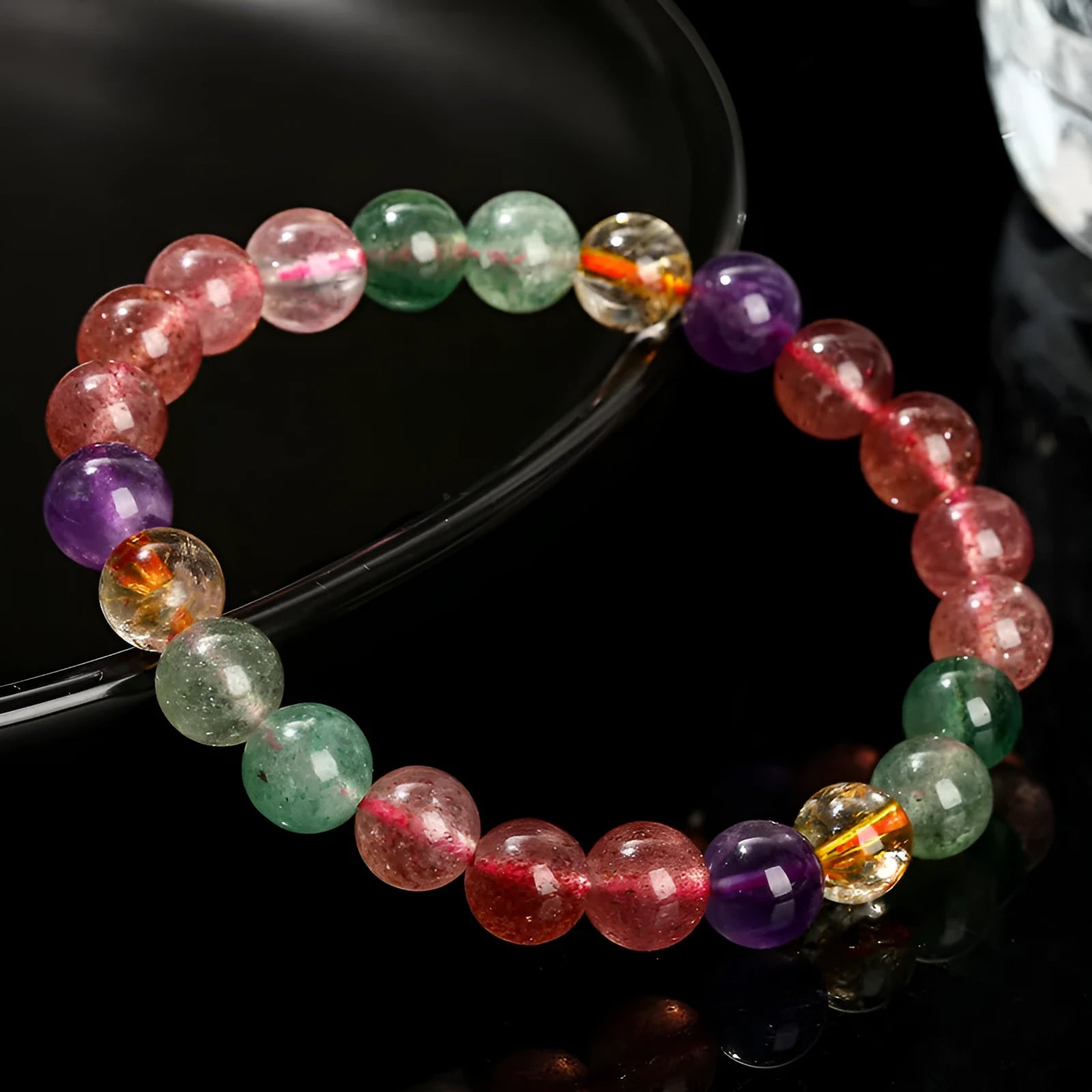 Natural strawberry quartz women's bracelet with round geometric beads in 7mm, 8mm, 9mm sizes.