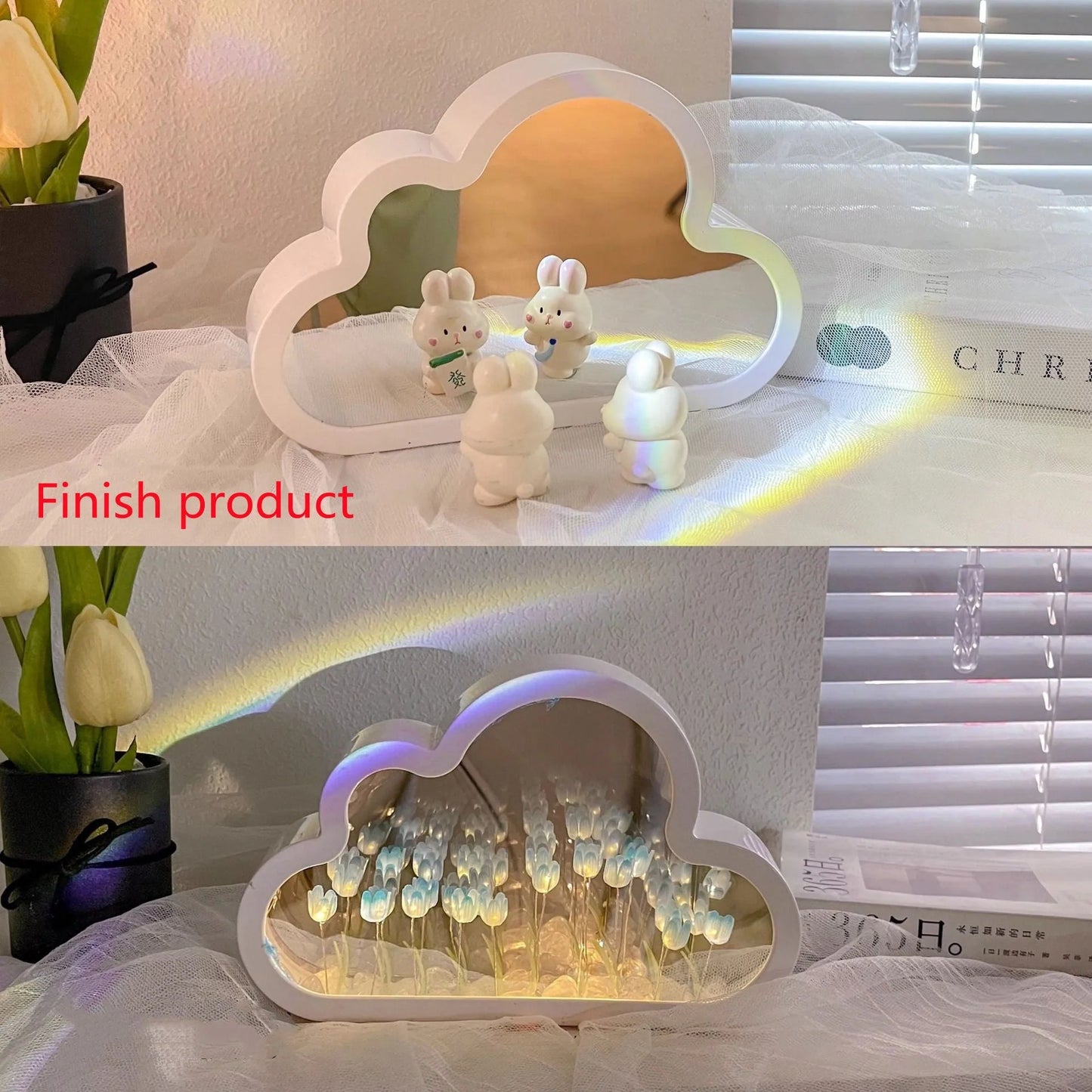 DIY Tulip Night Lamp with decorative mirrors and LED lighting in pink, purple, and blue
