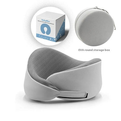 Light grey memory foam U-shaped neck pillow with a magnetic cloth protector.