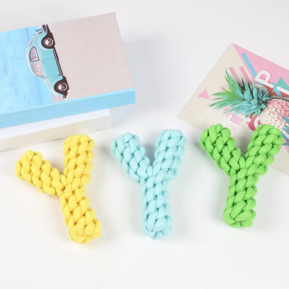 Blue Y-shaped cotton rope dog toy for large breed teeth grinding measuring 18cm