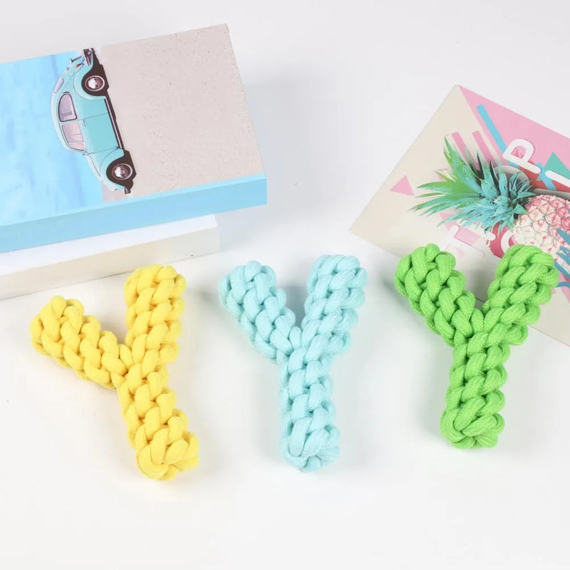 Y-shaped dog toy for large dogs with durable cotton rope construction measuring 18cm long by 11cm wide designed for teeth grinding and reducing destructive behaviour through interactive play available in blue, green, or yellow