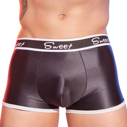 Men's shiny silky nylon boxer briefs in black, white, and sapphire blue colours.