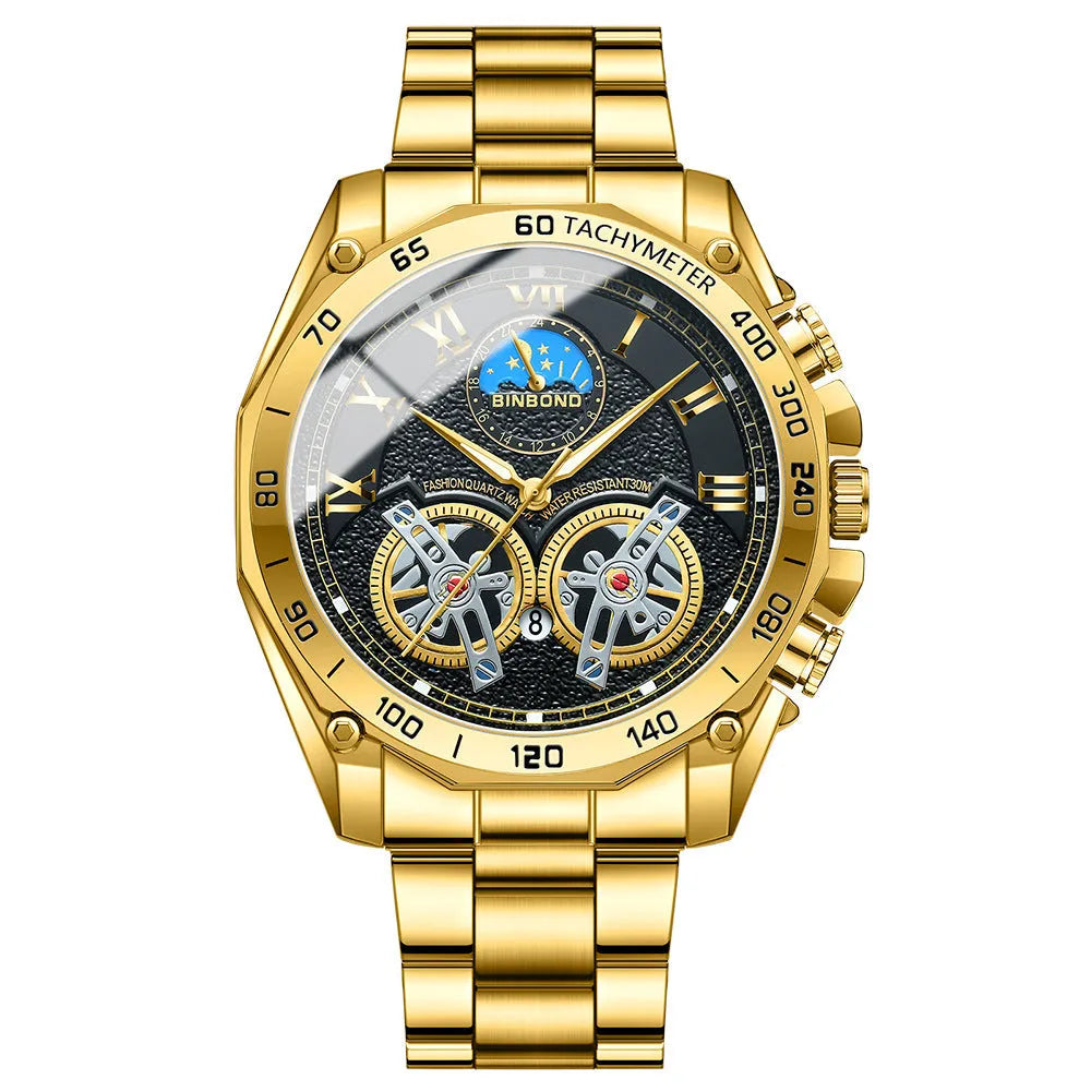 Men's hollow mechanical watch 11mm thick with visible movement and choice of gold, black steel, or white steel finish