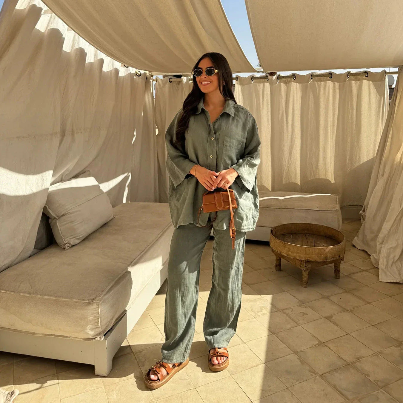Stylish polyester wide-leg pants and long-sleeve shirt set in a variety of colors including beige, black, orange red, army green, and khaki