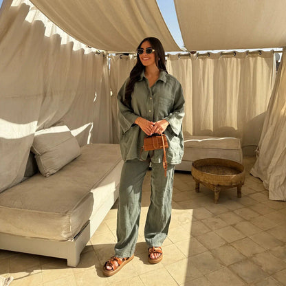 Stylish polyester wide-leg pants and long-sleeve shirt set in a variety of colors including beige, black, orange red, army green, and khaki