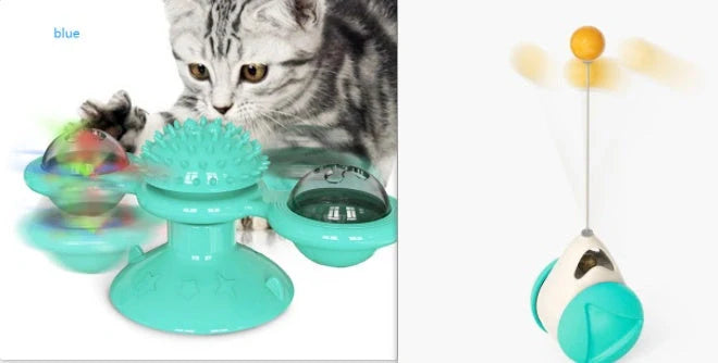 Cat playing with rotating windmill toy featuring luminous balls and suction base
