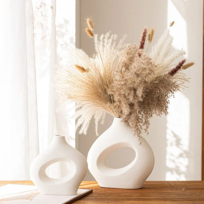 Handmade white medium ceramic circle vase second generation, 18.2cm height with polished glaze for modern decor