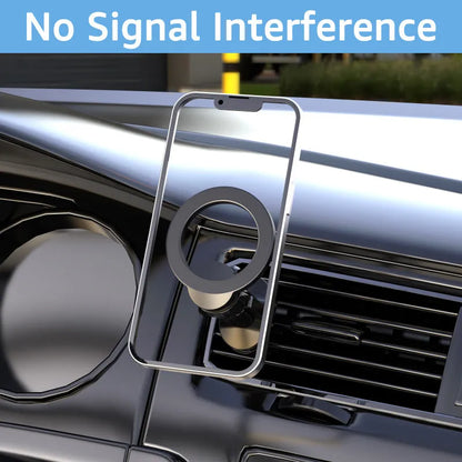 Black magnetic car air vent phone holder with silicone O-ring mounted on car vent slats.