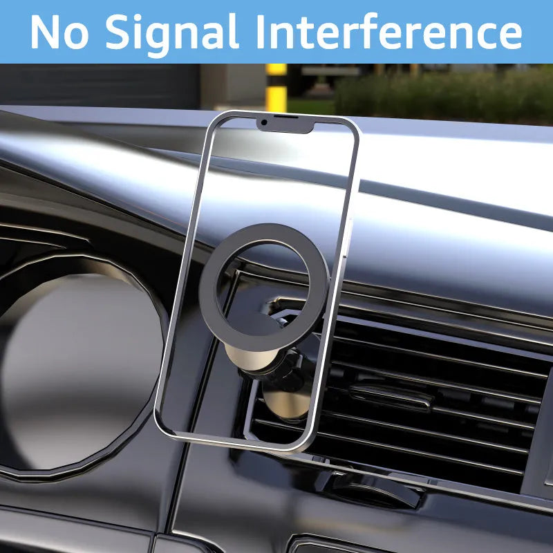 Black magnetic car air vent phone holder with O-ring clip mounted on a car vent, holding a mobile phone.