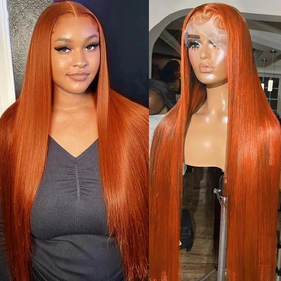 Orange straight synthetic front lace wig with side bangs shown at various lengths