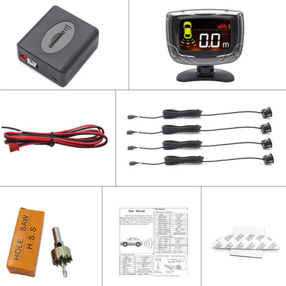 Wireless reversing sensor system showing main display unit, four embedded probes, and installation accessories.