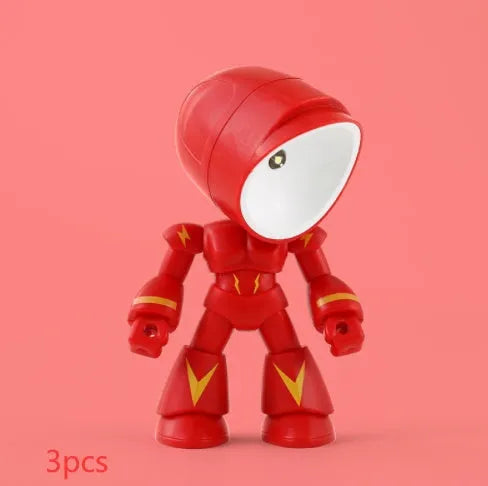 Mini mecha robot hero LED night light with adjustable arms on a desk.