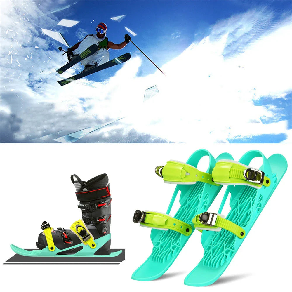 Adjustable snowshoeing mini skates with durable nylon soles, reinforced TPU laces, and customizable metal buckles for a secure fit across a wide range of shoe sizes