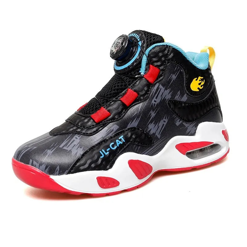 Cushion basketball running shoes with rotating button closure in black synthetic leather