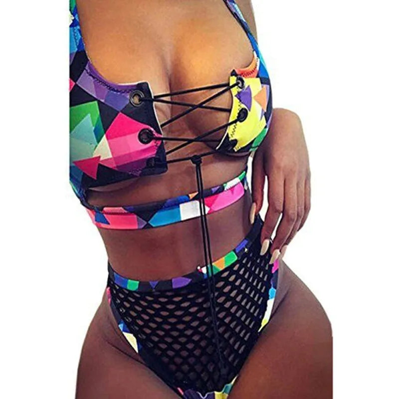 Women's checkered multicolor bikini with cross strap top and fishnet high waist briefs