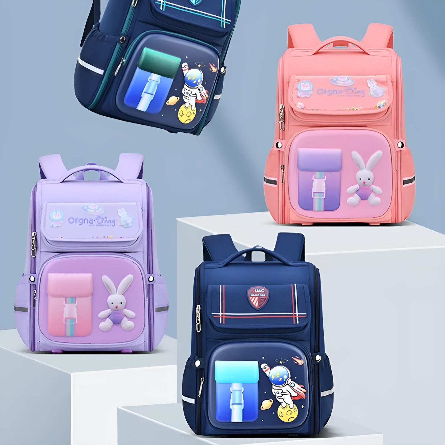 Children's cartoon backpack with airpillow straps in rabbit pink colour showing large capacity design for primary school use