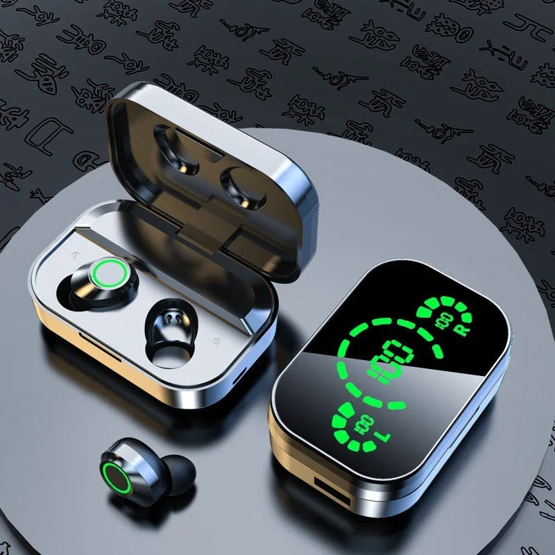 Sleek wireless Bluetooth earbuds with smart LED display, noise-cancelling microphone, and high-fidelity graphene diaphragms