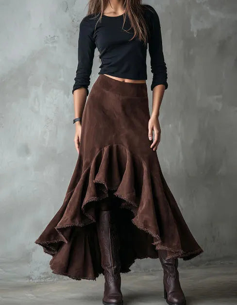 Western brown maxi skirt with high-low hemline and ruffle detailing in eco suede polyester