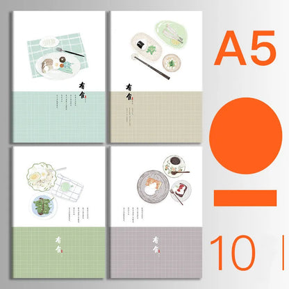 Pack of ten A5 kraft paper thread-bound notebooks with artistic cover designs lying flat.