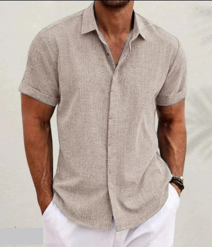Men's light grey cotton blend cardigan with lapels and long sleeves on a hanger.