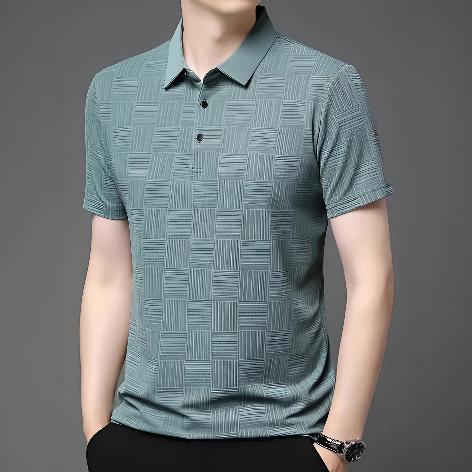 Men's slim fit lapel t-shirt in chemical fibre blend fabric available in multiple colours and sizes