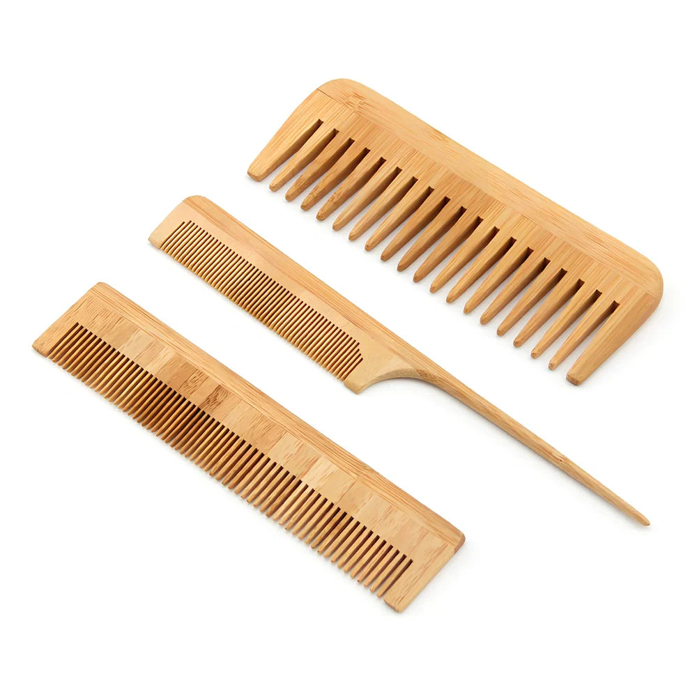Yellow 3-piece Phoebe wood massage comb set with detangling, styling, and nubbed massage variants, 15-20 cm lengths