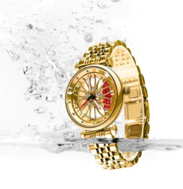 Women's waterproof quartz watch with steel belt, 11mm thick, in gold red, rose pink, or silver blue.