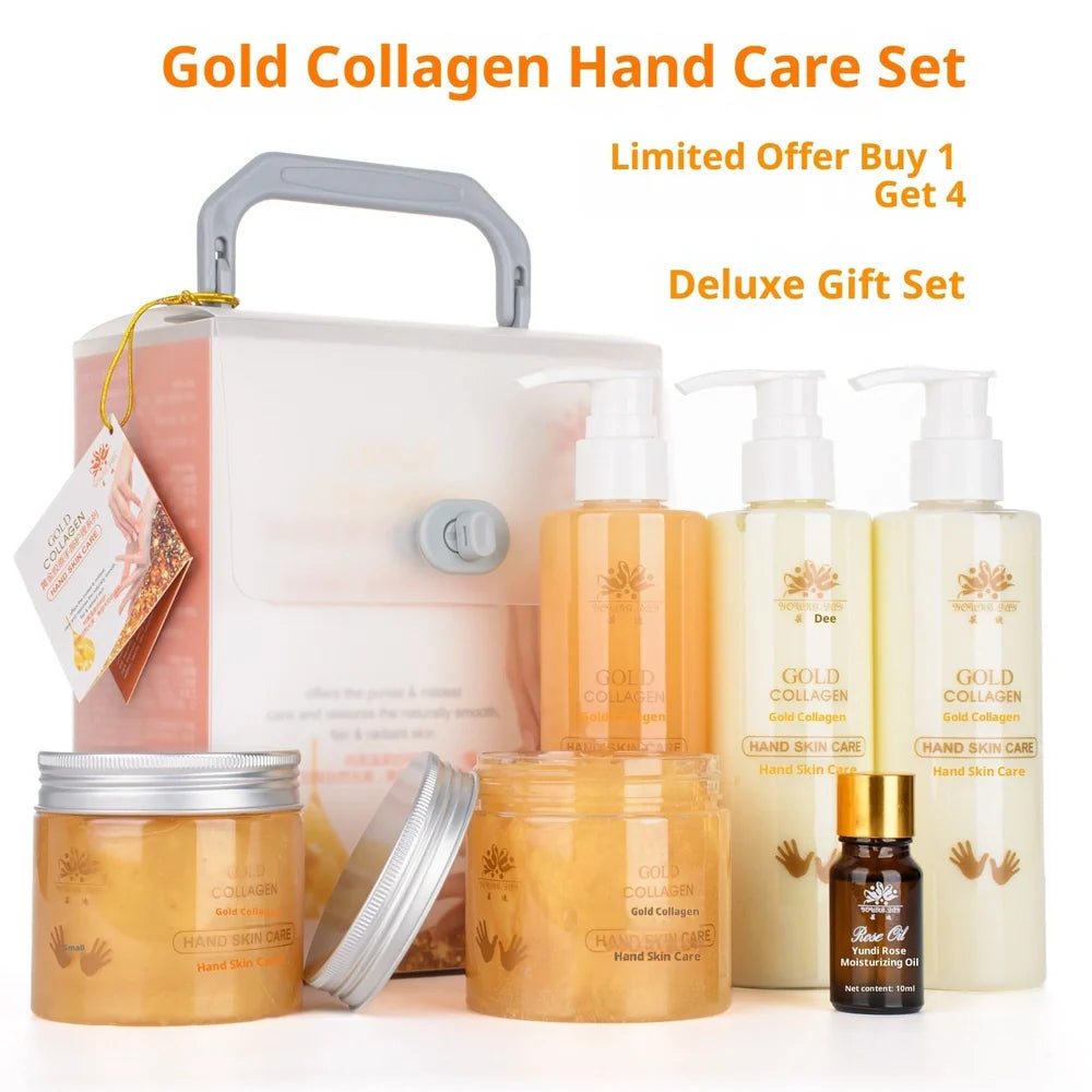 Gold Collagen Hand Care Set with five products totalling 1010g content including cleansing gel, scrub, massage cream, hand mask, hand cream and rose oil