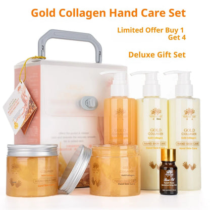 Gold Collagen Hand Care Set with five products totalling 1010g content including cleansing gel, scrub, massage cream, hand mask, hand cream and rose oil