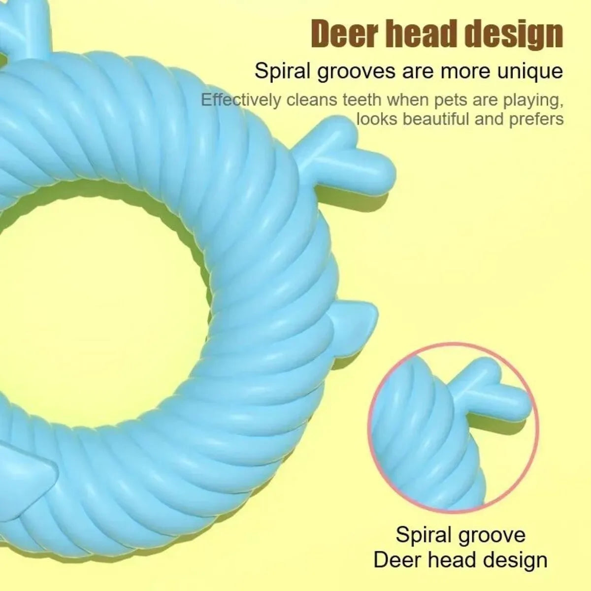 Deer-shaped dog chew toy with spiral grooves in light blue, pink, or green colours