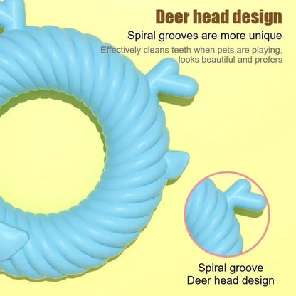 Deer-shaped dog chew toy with spiral grooves in light blue, pink, or green colours