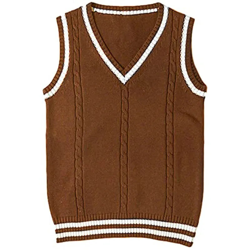 Women's V-neck striped stitching knitted sweater in slim fit, available in white, black, dark blue, wine red, and brown