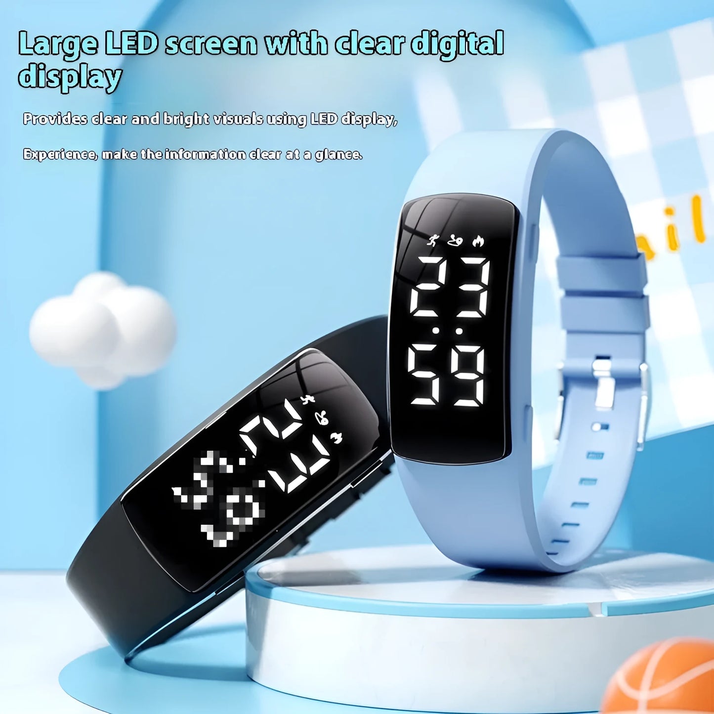 Smart electronic watch with vibration alarm on a silicone strap, showing LED display and 11mm thick case.