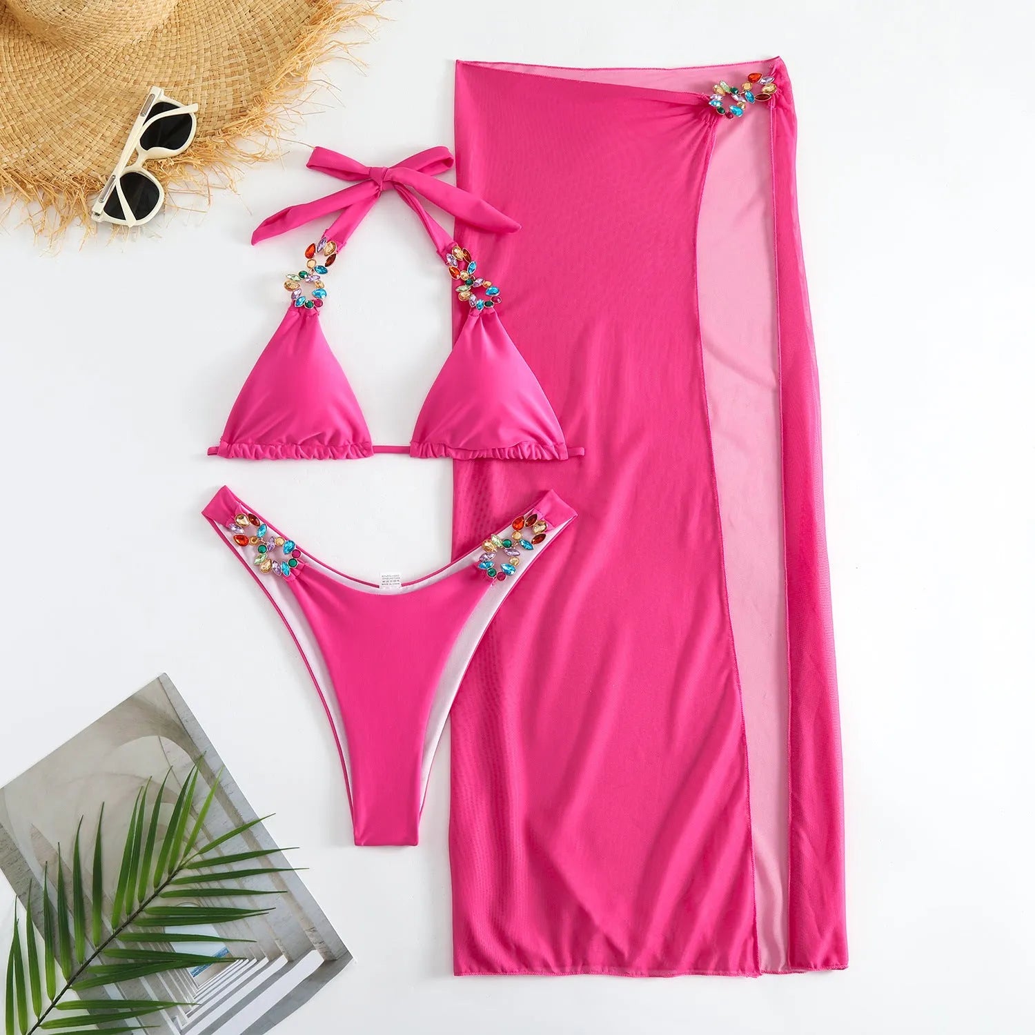 Rose red and yellow three-piece polyester bikini set with long skirt for swimming