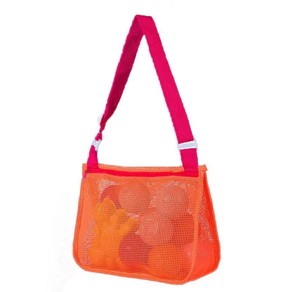 Blue children's drawstring travel storage bag made of nylon mesh for organising toys and clothes.