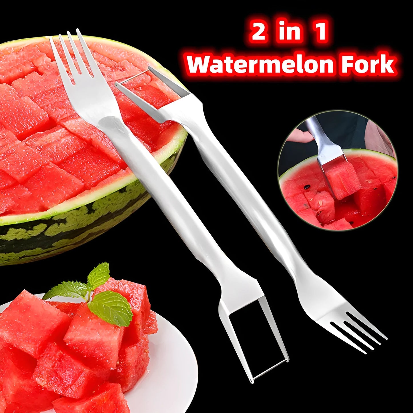 Stainless steel watermelon slicer and serving fork on a kitchen counter.