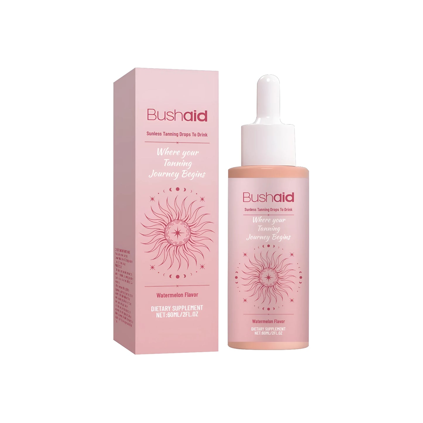 60ml bottle of clear drinkable sunless tanning drops with mint and watermelon extracts