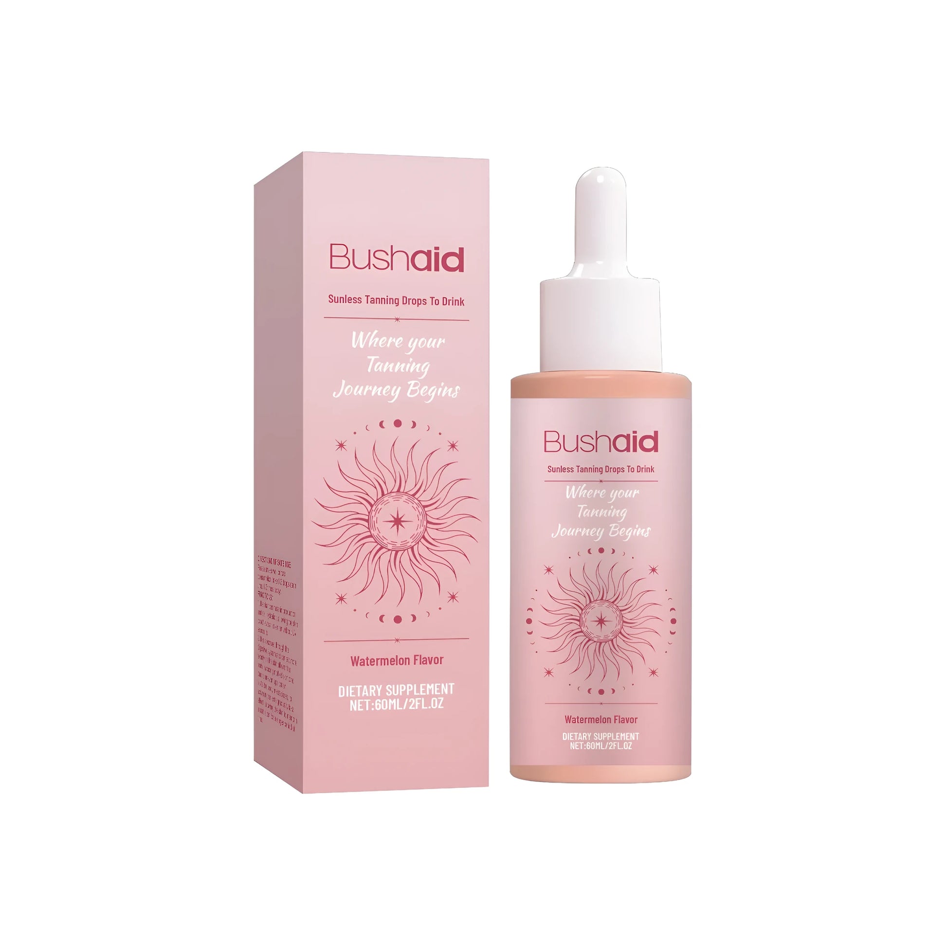 60ml bottle of clear drinkable sunless tanning drops with mint and watermelon extracts