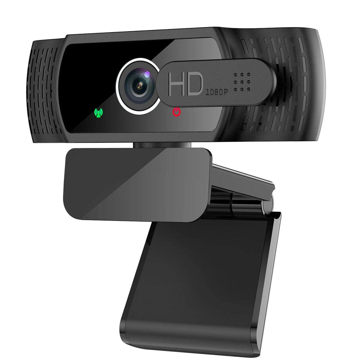 Black USB webcam with microphone on a laptop screen, showing 360-degree rotation and universal clip.