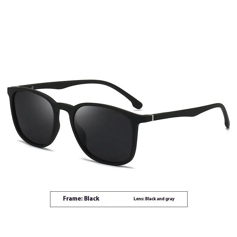 Men's polarised sunglasses with a PC frame and multiple lens colour options including dark green and grey.